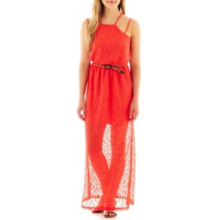 City Triangles Crochet Racerback Belted Maxi Dress, Coral