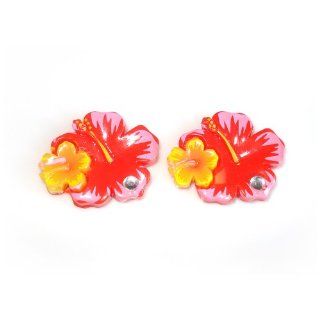 Idin Clip on Earrings   Red and yellow hibiscus flower clip on earrings Jewelry