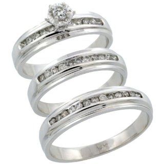 14k White Gold 3 Piece Trio His (5mm) & Hers (5mm) Diamond Wedding Ring Band Set w/ 0.57 Carat Brilliant Cut Diamonds; (Ladies Size 5 to10; Men's Size 8 to 14) Jewelry