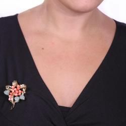 Angelina D'Andrea Goldtone Coral and Jade Flower Pin Palm Beach Jewelry Brooches & Pins