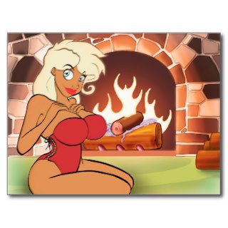 Fireplace Cartoon Pin Up Postcard