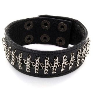 Black Leather and Polished Chain Snap Bracelet West Coast Jewelry Men's Bracelets