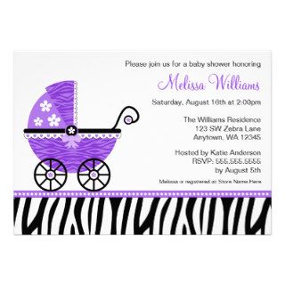 Purple Zebra Carriage Girl Baby Shower Invitations