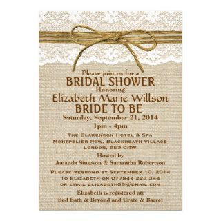 Ivory Lace & Rustic Twine Bow Burlap Bridal Shower Personalized Invitation