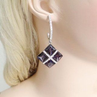 Square Dangle Earrings Austrian Crystal Purple Amethyst Color Birthstones Jewelry