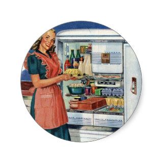 Vintage Retro Women 50s Kitchen Full Refrigerator Round Sticker