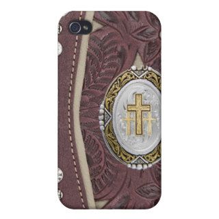 Silver and Gold Crosses on Tooled Leather Look Case For iPhone 4
