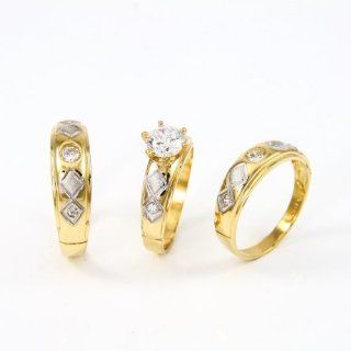 14k Two Tone Gold His And Hers Engagement Wedding Trio CZ Rings Set   Style 7 His N Her Engagement Rings Jewelry