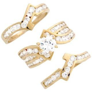 14k Yellow Gold Fancy Round CZ Stackable Engagement Bridal Ring Set Jewelry