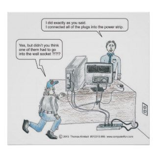 Computer power cord issues cartoon poster