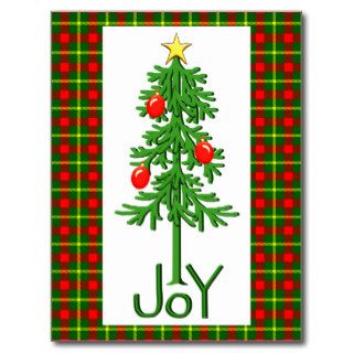 Joy Christmas Tree Plaid Border Postcard