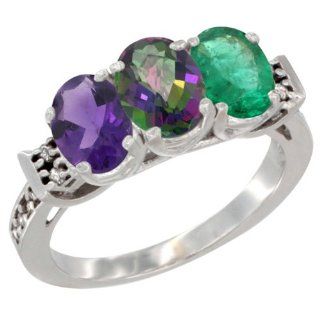 14K White Gold Natural Amethyst, Mystic Topaz & Emerald Ring 3 Stone 7x5 mm Oval Diamond Accent, sizes 5   10 Jewelry