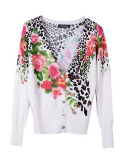 Prettyguide Women Floral Mix Leopard Print Cardigan Cotton Sweater Knitwear