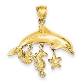 14K Yellow Gold Dolphin Open back Polished Charm Pendant 34mmx30mm Jewelry