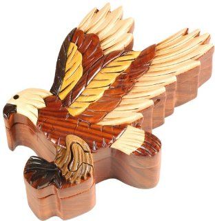 American Bald Eagle Patriotic Bird Decor Hand Crafted Wood Inlay Puzzle Jewelry Box   Hat Hooks