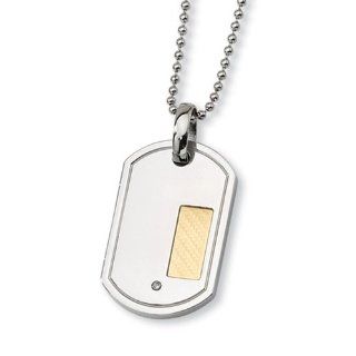 Stainless Steel, 18 Karat Gold and Diamond Accent Dog Tag Necklace Jewelry