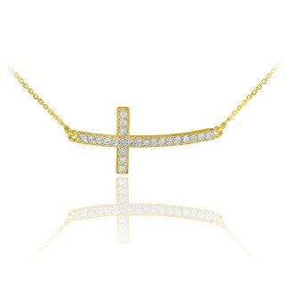 14k Yellow Gold Catholic Sideways Cross Necklace with Curved Horizontal Pendant (22 Inches) Jewelry