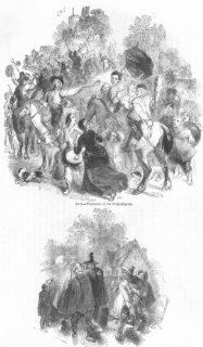 SOCIETY Skimmington parade; Knight led from stocks, antique print, 1845  