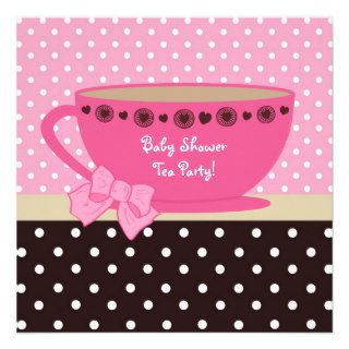 Baby Shower Tea Party Pink And Brown Polka Dots Personalized Announcement