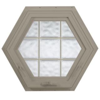 Hy Lite 27.75 in. x 24 in. Glacier Pattern 8 in. Acrylic Block Driftwood Vinyl Fin Hexagon Awning Windows, Tan Silicone & Screen 8LHH24DWLH1G