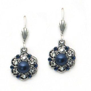 Designed By Anne Koplik Dark Indigo and Clear Dangle Round Earrings; Handmade in USA Jewelry