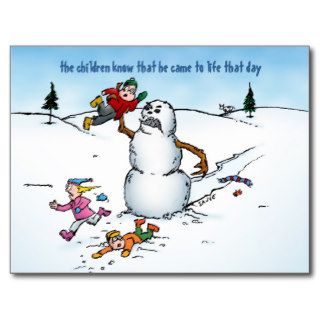Snowman Attacks the Kids Funny Holiday Postcard