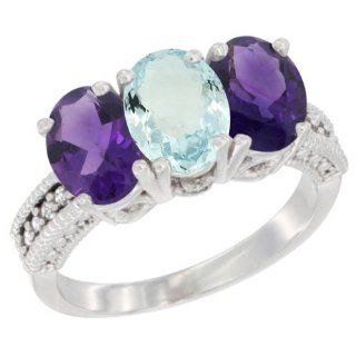 14K White Gold Natural Aquamarine & Amethyst Ring 3 Stone 7x5 mm Oval Diamond Accent, sizes 5   10 Jewelry