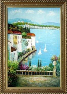 Mediterranean Memory Large Oil Painting, with Elegant Gold Wood Frame 42x30 Inch  