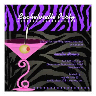 Purple Zebra/pink martini Bachelorette Party Custom Invitations