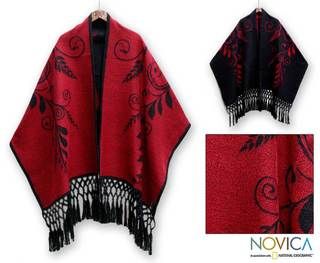 Crimson Splendor Alpaca Wool Ruana Cloak (Peru) Novica Ponchos