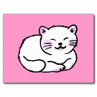 cute fluffy white & pink cat cartoon post cards
