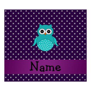 Personalized name turquoise owl purple diamonds print