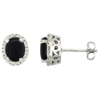 10K White Gold Diamond Natural Black Onyx Earrings Oval 7x5 mm Jewelry