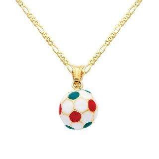 14K Yellow Gold Small Soccer Ball Enamel Charm Pendant with Yellow Gold 1.6mm Figaro Chain Necklace with Spring Clasp   Pendant Necklace Combination (Different Chain Lengths Available) Goldenmine Jewelry
