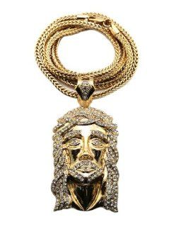 New Iced Out Gold Rhinestone Jesus Face Pendant w/4mm 36" Franco Chain Necklace MP562G Jewelry