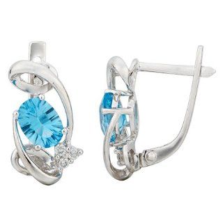 14k White Gold 1.78ct Sparking Cool Diamond & Oval Blue Topaz Huggie Earrings Jewelry