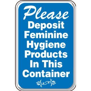 Accuform Signs PAR581 Deco Shield Acrylic Plastic Architectural Style Sign, Legend "Please Deposit Feminine Hygiene Products In This Container" with Step Radius Edges, 6" Width x 9" Length x 0.135" Thickness, White on Blue Industr