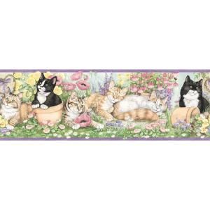 The Wallpaper Company 6.75 in. x 15 ft. Purple Gardening Kittens Border DISCONTINUED WC1285006