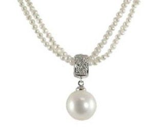 14k white gold 9 10mm freshwater cultured pearl and diamond (.09ctw) pendant on 18" seed pearl necklace. Jewelry