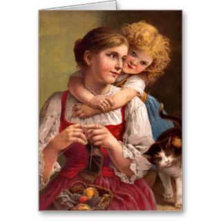 Knitting mother with child and cat greeting cards