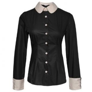 Gamiss Women's Office Wear Slimming Lapelled Pleated Button down Blouse, Black, Regular Sizing 2
