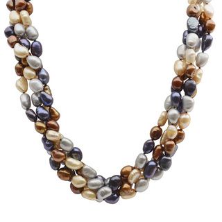 Pearls For You Sterling Silver Dyed Chocolate, Black, Grey and Champagne Baroque Freshwater Pearl 4 Strand Necklace (7 8 mm) Pearls For You Pearl Necklaces