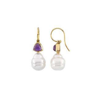 14K Yellow Gold   South Sea Cultured Circle Pearl & Genuine Amethyst Earrings Jewelry