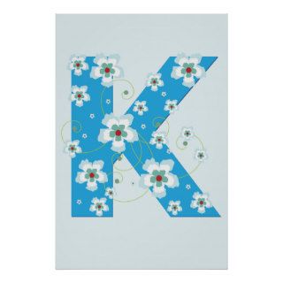 Monogram initial K pretty blue flowers poster
