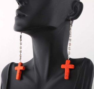 2 Pairs of Ladies Hanging Iced Out Chain with Orange Cross Style 3.5 Inch Dangle Earrings Jewelry