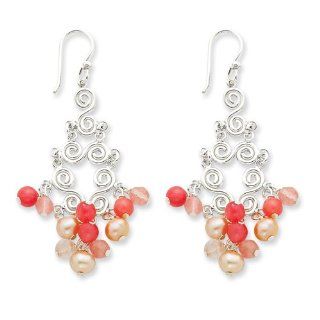 Sterling Silver Cherry & Strawberry Quartz/Champagne Cultured Pearl Earrings Dangle Earrings Jewelry