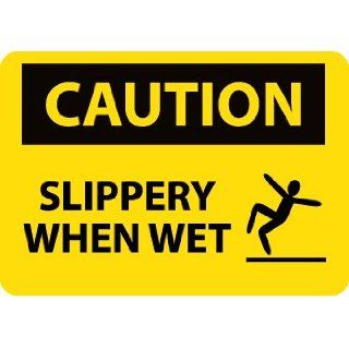 NMC C606PB OSHA Sign, Legend "CAUTION   SLIPPERY WHEN WET" with Graphic, 14" Length x 10" Height, Pressure Sensitive Vinyl, Black on Yellow Industrial Warning Signs