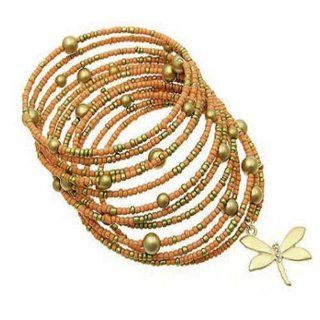 Coral and Gold Beaded Coil Bracelet with Dragonfly Charm Jewelry
