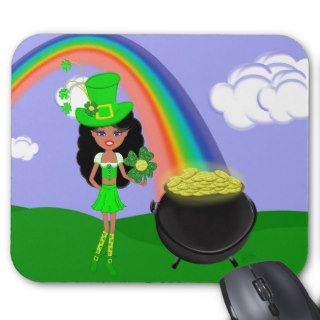 St Pat's Day Brunette Girl Leprechaun with Rainbow Mouse Pad
