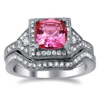 2.05ct Pink Sapphire Diamond Engagement Ring Bridal Set 14k White Gold with a 1.25ct Center Sapphire and .80ct of Surrounding Diamonds Jewelry